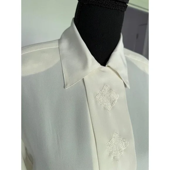 Vintage Leslie Fay Embroidered shirt Blouse off white Career Long‎ Sleeve Top - Picture 2 of 11